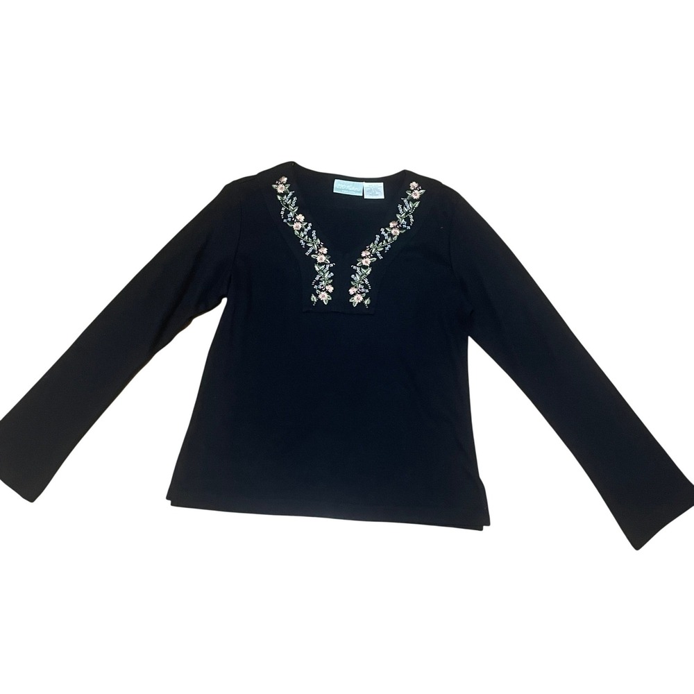220 Hickory Women's SML Black Long Sleeve Grandma Cottage Floral Embroidered Top